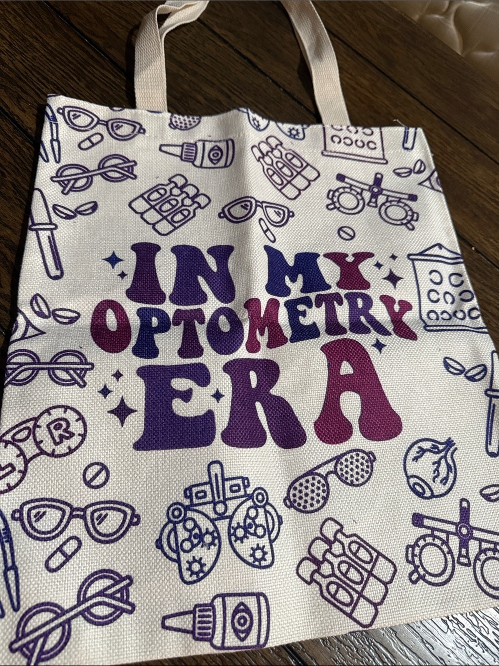 Hand Crafted White Tote with Purple and Magenta Optometry Print